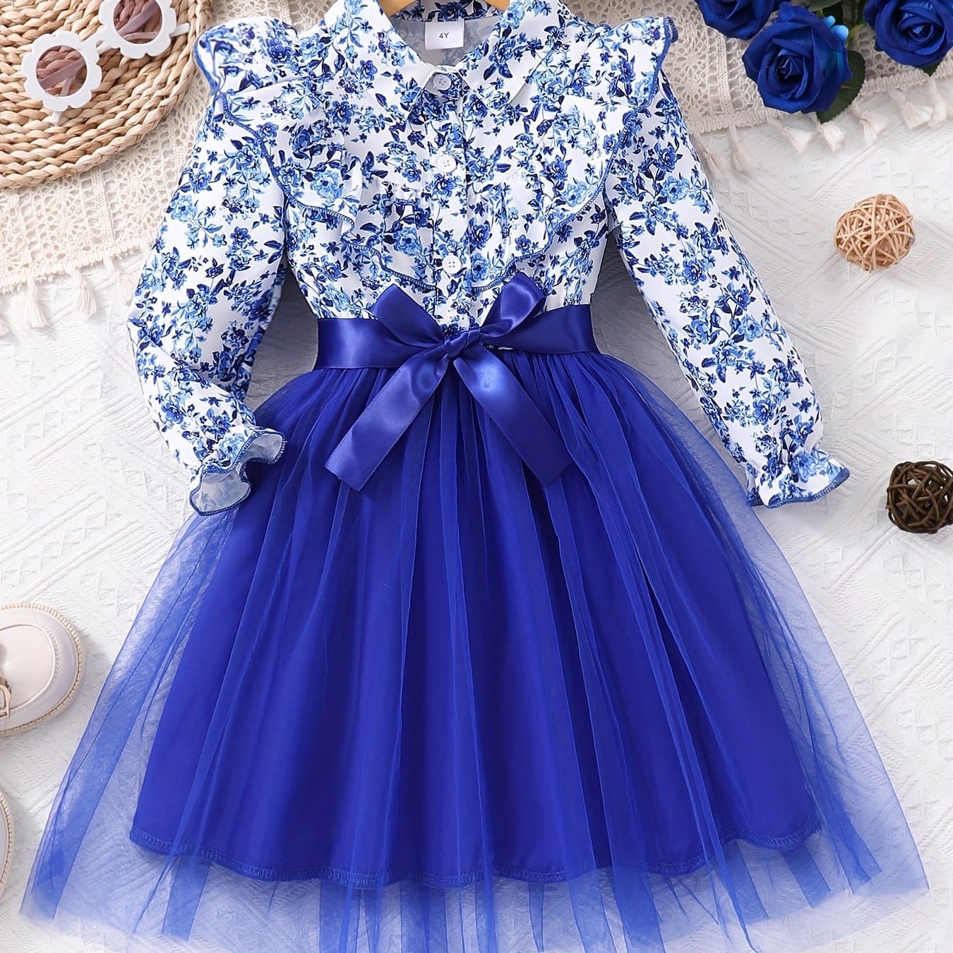 Girl's Long-Sleeve Dress with Tulle Skirt Baby Fashion Dress