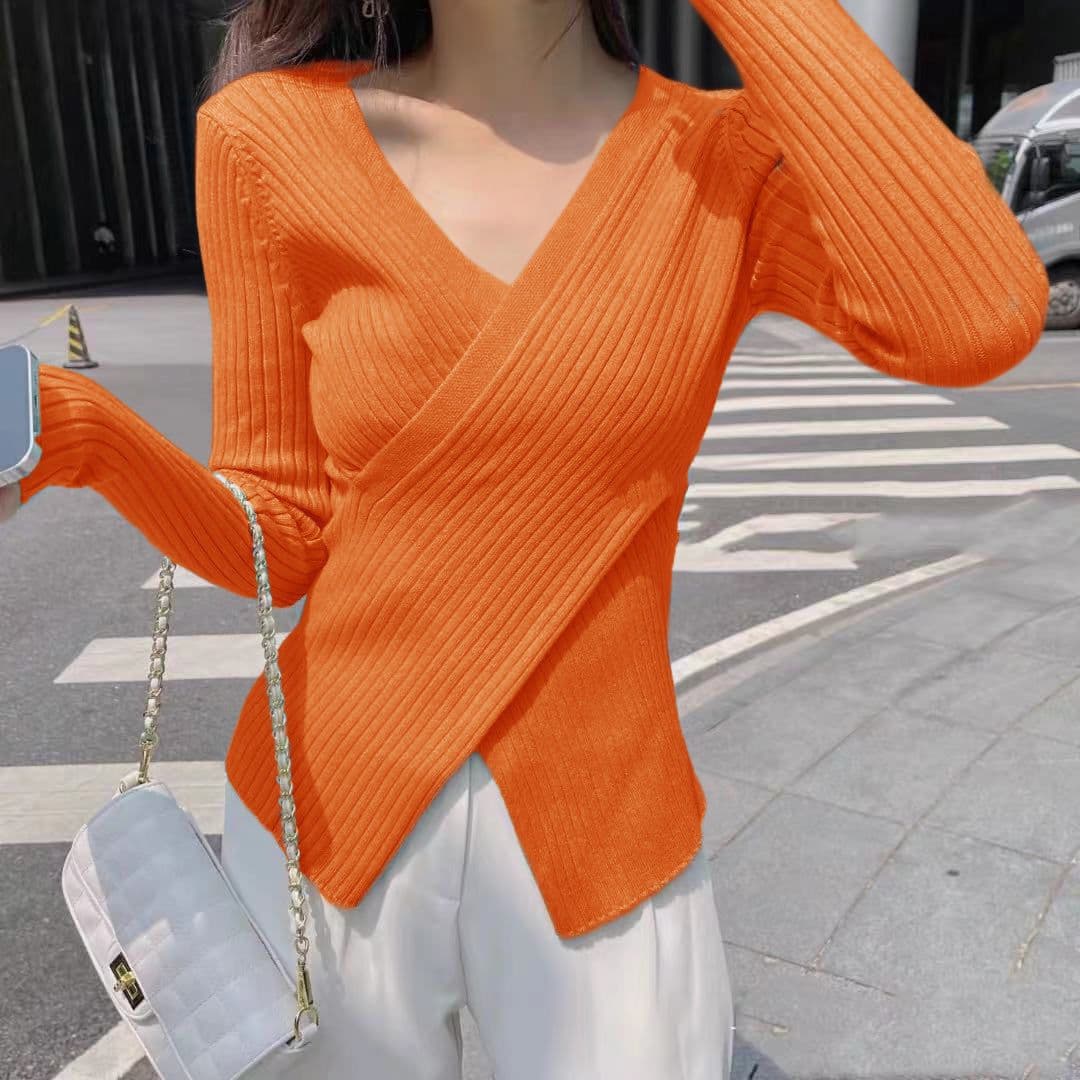 Beautiful Women Spring Autumn Knit V-Neck Slim Fit Turtleneck Sweater, Irregular Slimming Long Sleeve Sweater Factory Wholesale