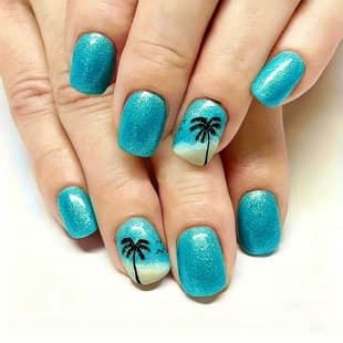 24 Pieces Export Hot Selling Summer Nail Art Fresh Beach Coconut Tree Glitter Short Square Press-On Nails Wholesale