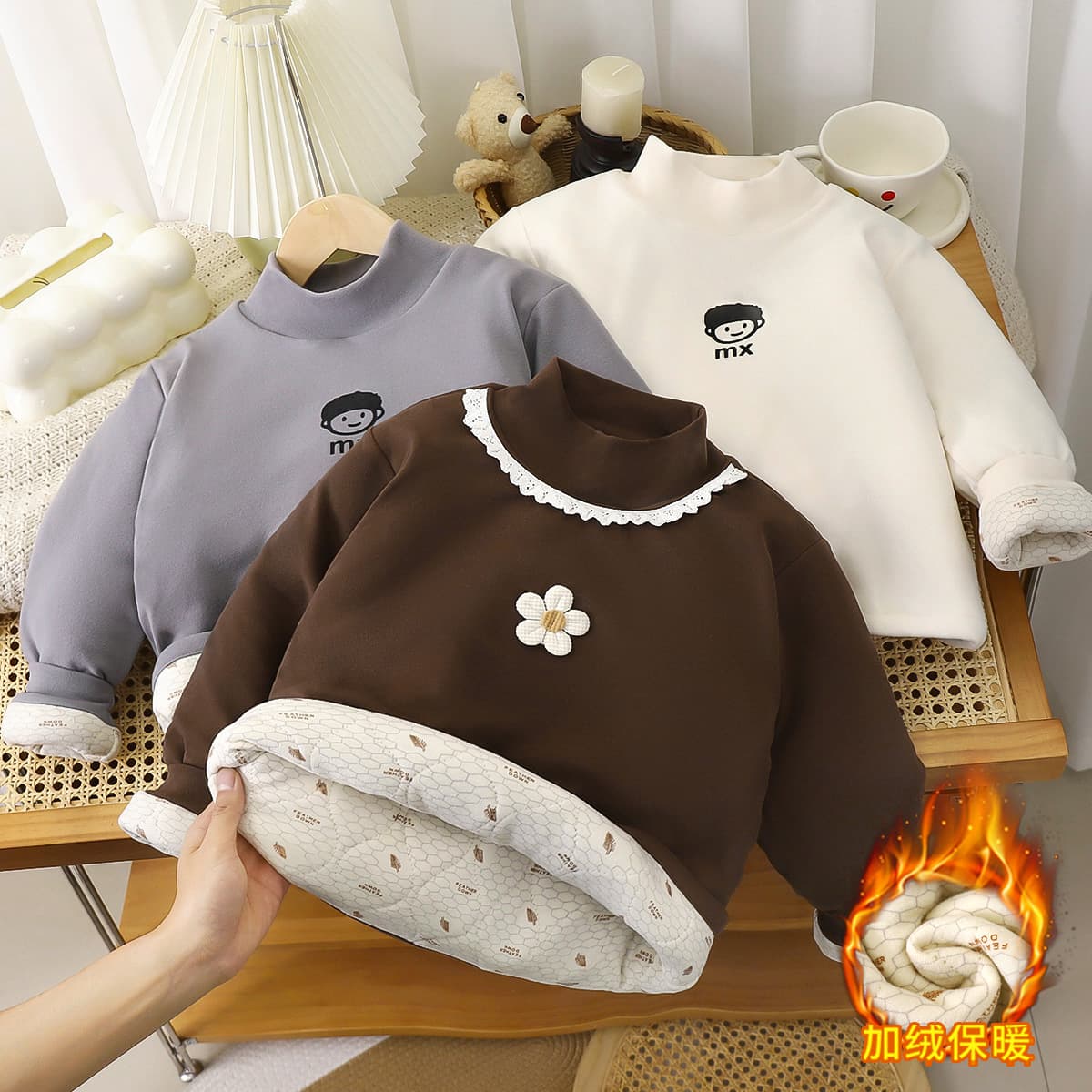 2025 Autumn/Winter New Fleece-Lined Thickened Children's Sweatshirt Unisex Cartoon Single Top, Small/medium Kids' Cotton-Padded Base Layer