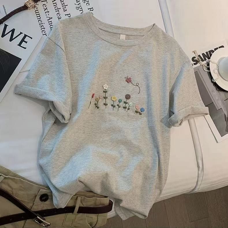 Pure Cotton Floral Gray Short-Sleeved Ins Women's Summer New Korean Style Loose Casual Stylish Fresh Printed Round Neck T-Shirt