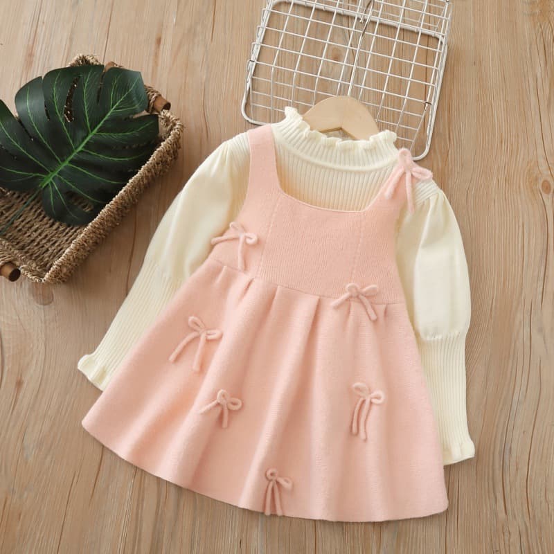 Baby Girl Sweater Bow Suspender Suit 2025 Autumn and Winter New Two-Piece Skirt Girl Sweater Dress