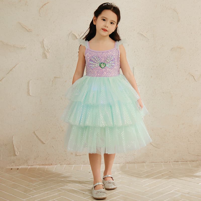 2025 Kids Mermaid Princess Dress for Girls Summer New Cotton Short Sleeve Puff Sleeve Dress