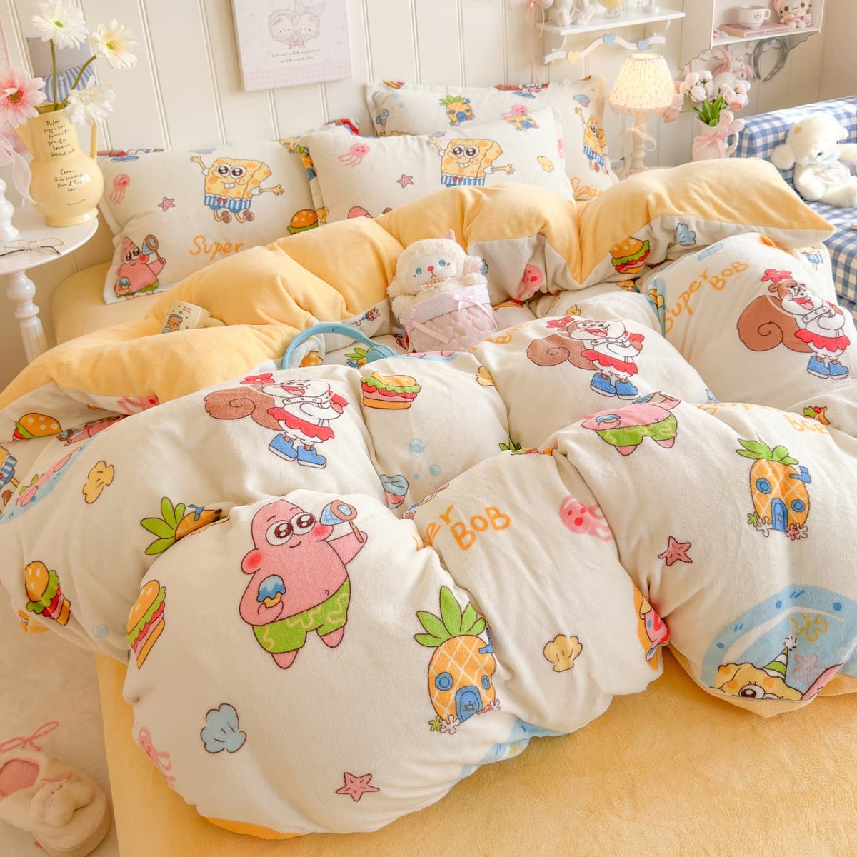 Cartoon milk fleece four-piece set, winter thickened warm double-sided fleece sheet and duvet cover, cute student dormitory three-piece set.