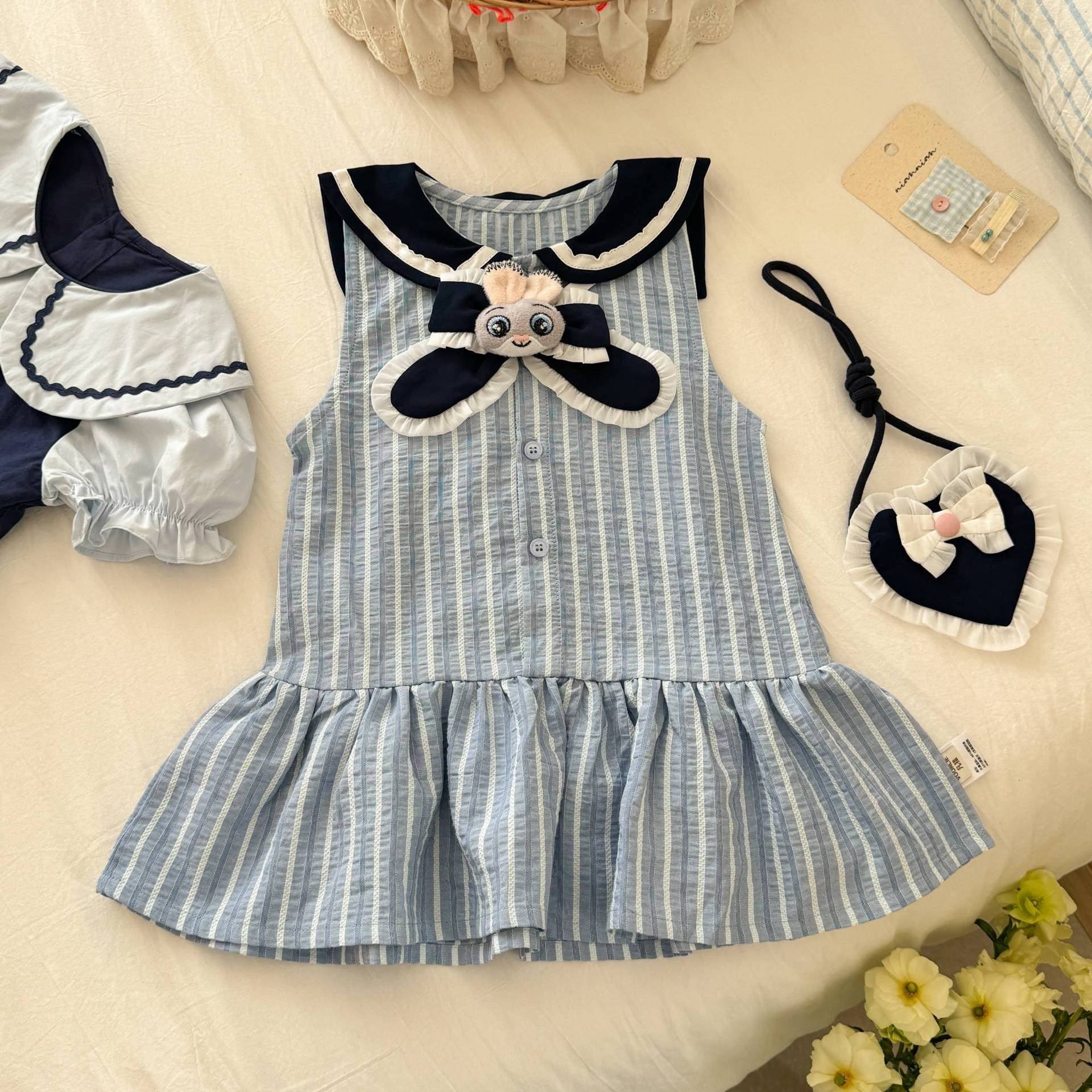 With Bag Girls Dress New Summer Fashion Baby Rabbit Officer Princess Dress Striped Dress Children's Dress