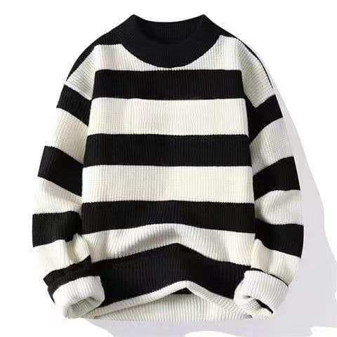 Classic Wide Stripe Mock Neck Thermal Sweater for Men 2026 New Fall Winter Top Loose Fit Base Layer Knitwear