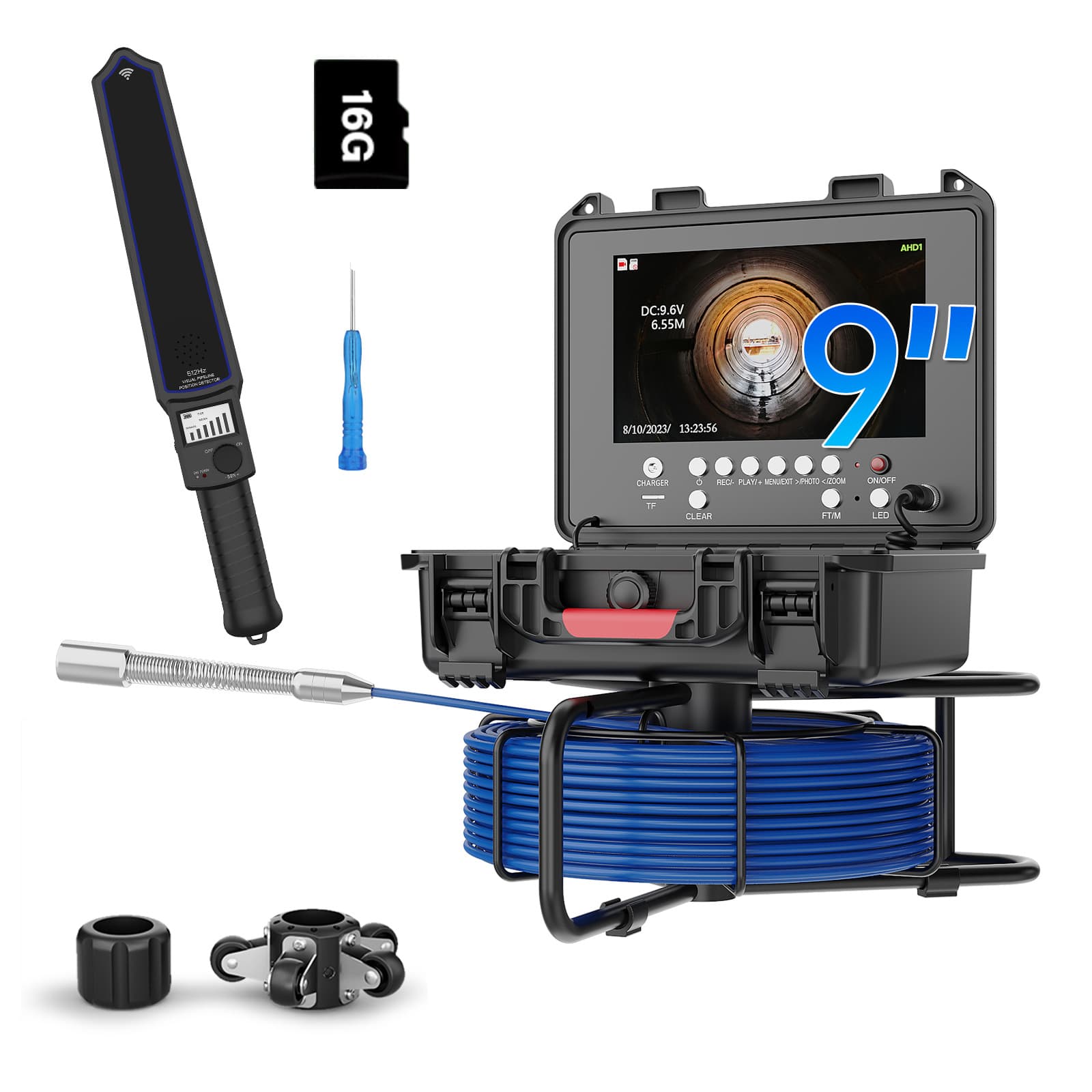 9-inch Industrial Pipeline Endoscope, Self-Balancing Sewer Visual Camera with 512Hz Transmitter and Receiver Set