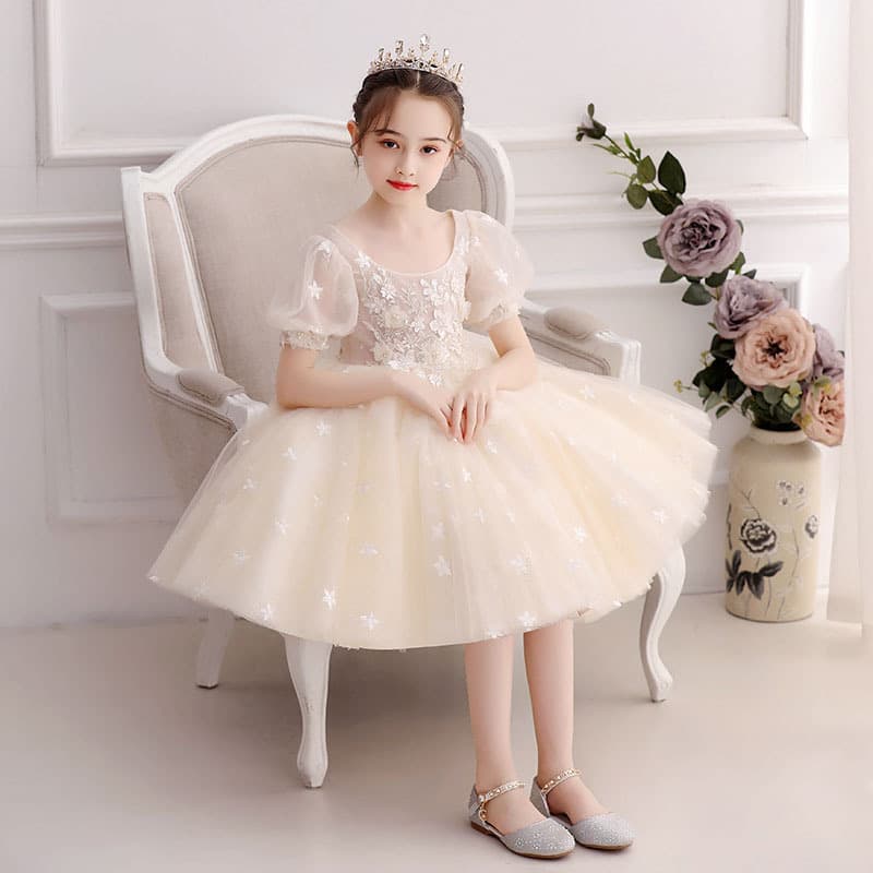 Girls' Formal Dress 2026 Spring New Arrival Champagne Long Princess Dress Girls' Tulle Ball Gown Evening Dress