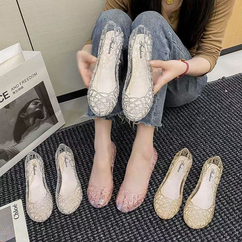New Summer Flat Dance Shoes for Women, Casual Hole Shoes, Mesh Jelly Sandals, Beach Shoes