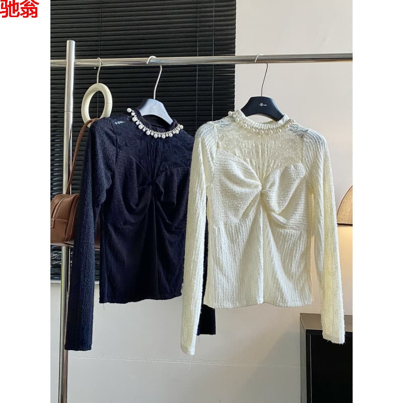 Y9Z socialite style heavy-duty pearl long-sleeve knitwear for women autumn lace-paneled base layer top spicy girl unique twist knot.