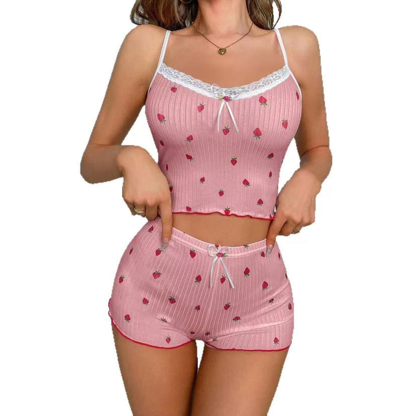 New Printed Deep Ribbed Women's Bow Camisole and Shorts Strawberry Print Two-Piece Set with Lace Trim