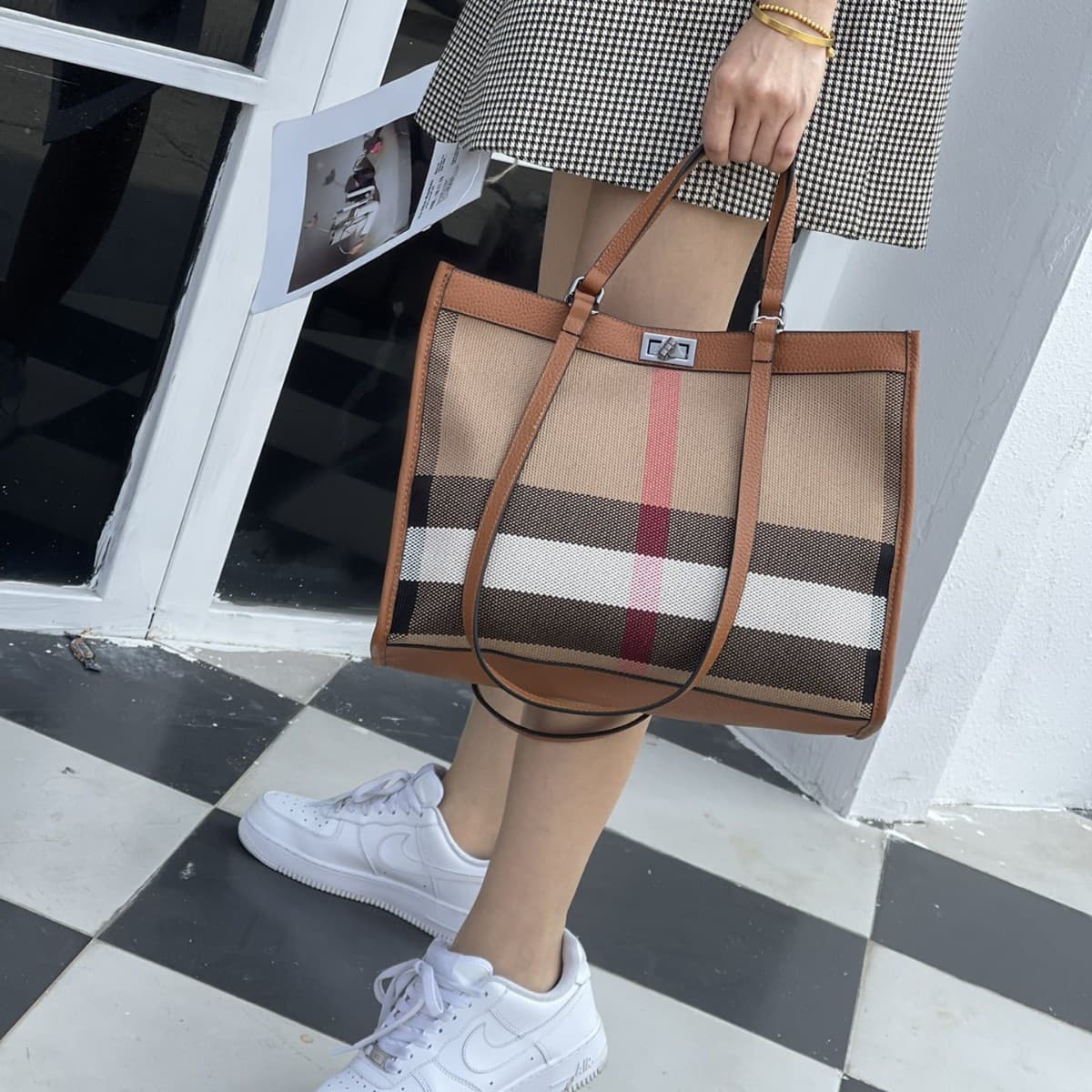 Korean version of the new leather canvas linen contrasting live broadcast simple portable shoulder tote women's bag 805