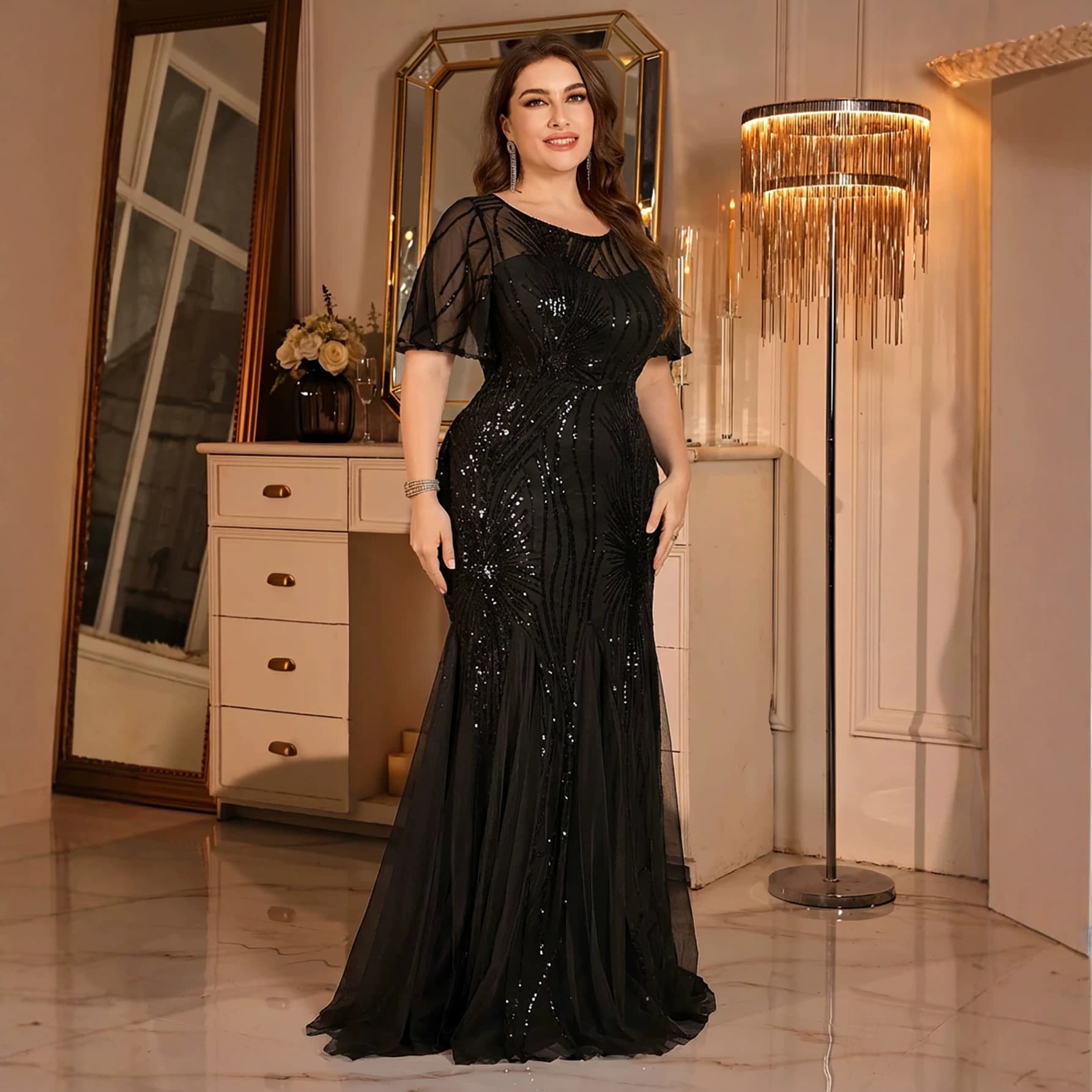 Plus Size Evening Dress Mesh Sequin Banquet Party Cross-border Batwing Sleeve Sexy Mermaid Patchwork Long Formal Gown European American