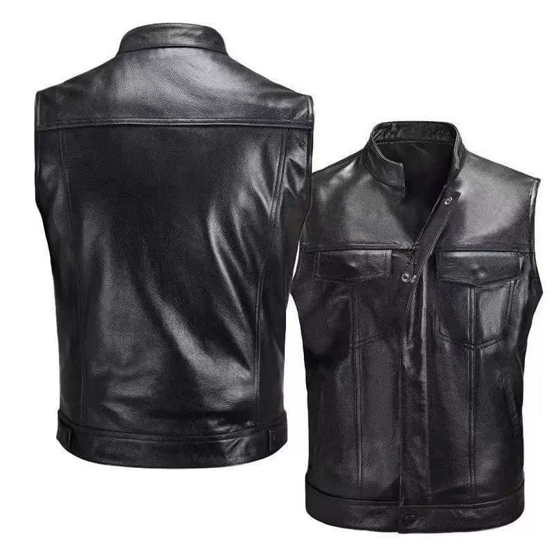 Fashion Vest Black Motorcycle Hip Hop Vest Men Faux Leather Punk Solid Black Spring Sleeveless Leather Vest