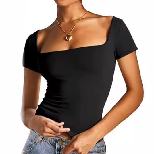 Fashionable Square Collar T-Shirt For Young Women Polyester Short Sleeves Summer Slimming Spicy Girl Milk Silk Top