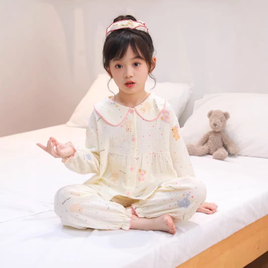 2026 Girls' Pajama Set Baby New Cotton Gauze Homewear Long Sleeve Long Pants Cute Pure Cotton Children's Sleepwear