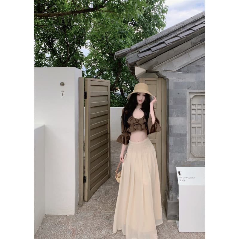 Celebrity Style Premium Ruffle Collar Long Sleeve Blouse for Women, Spring New Arrival, Elegant Slimming Half-Long Skirt Two-Piece Set