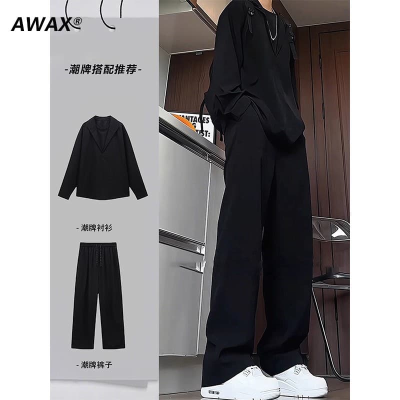 Autumn new old money style suit for men, handsome and fake two-piece shirts and trousers, a complete set with men's clothing