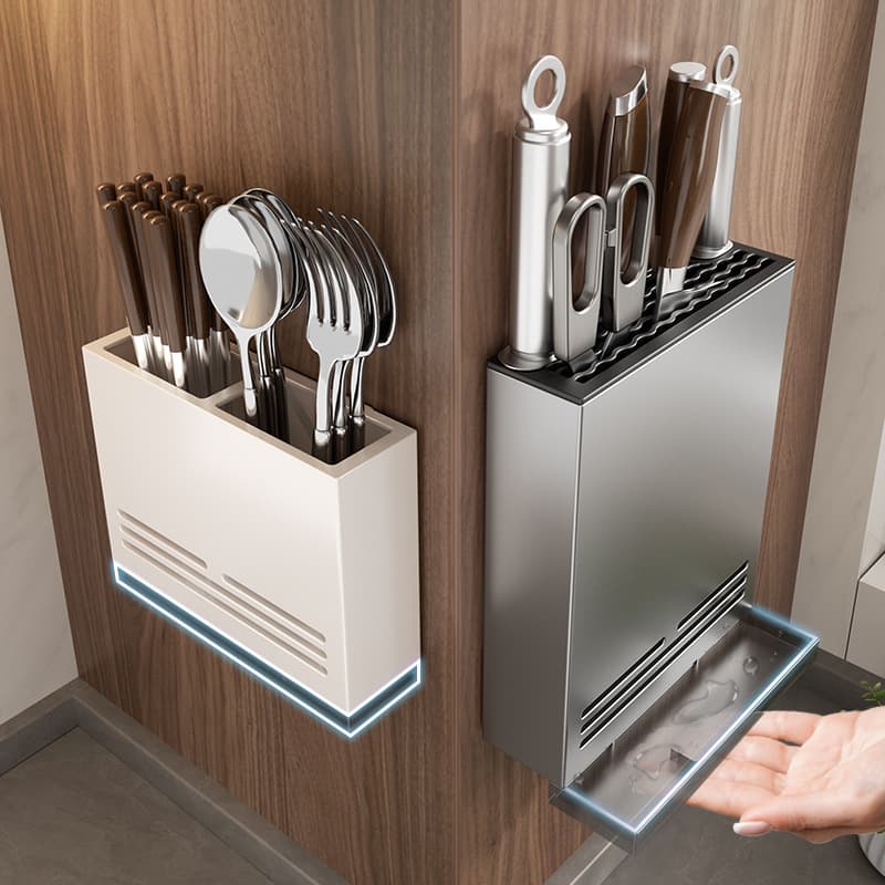Gunmetal Grey Kitchen Knife Holder Multifunctional Wall-Mounted Household Drainer for Knives and Chopstick Container