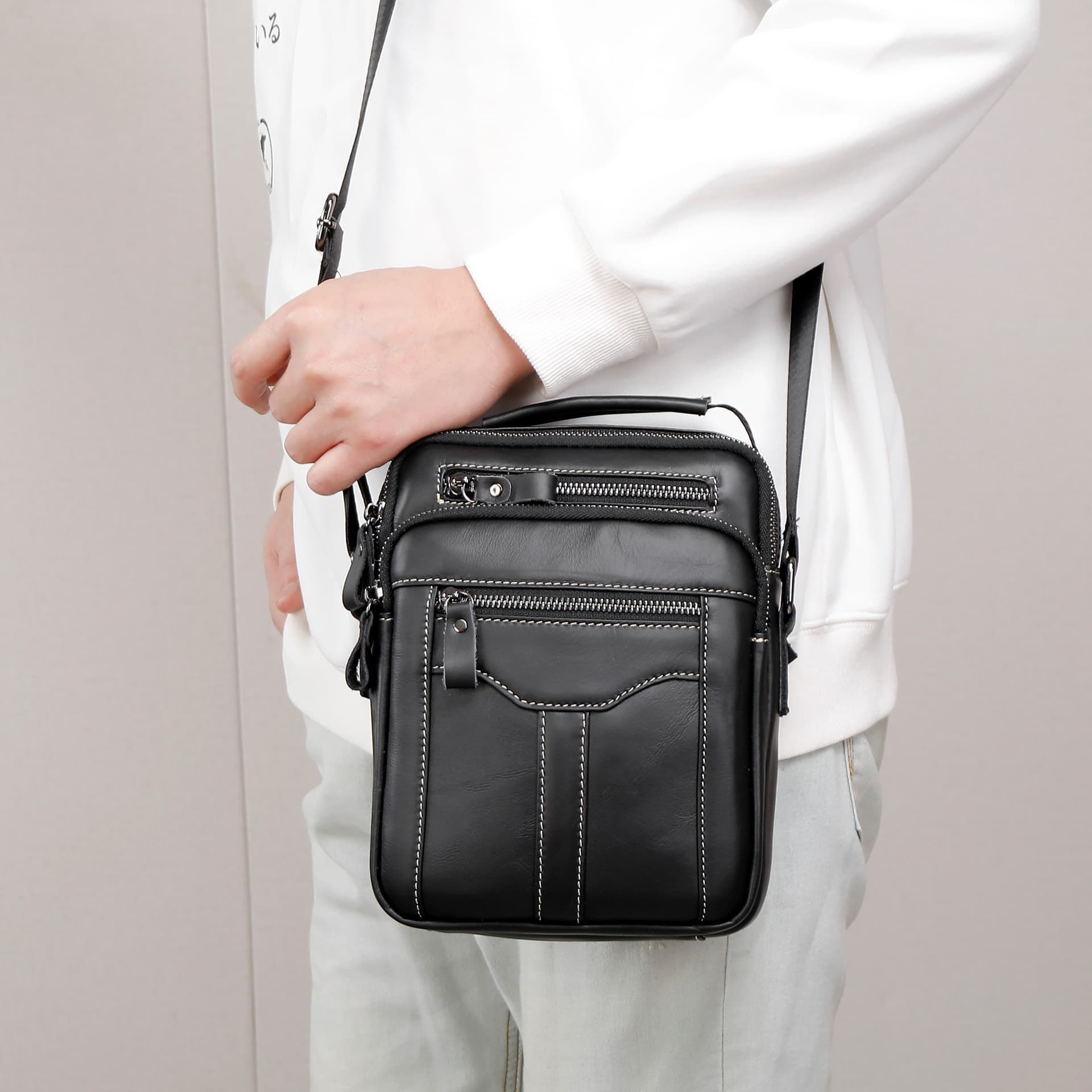 New Men's Crossbody Leather Bag Business Travel Handheld Casual Small Messenger Phone Bag