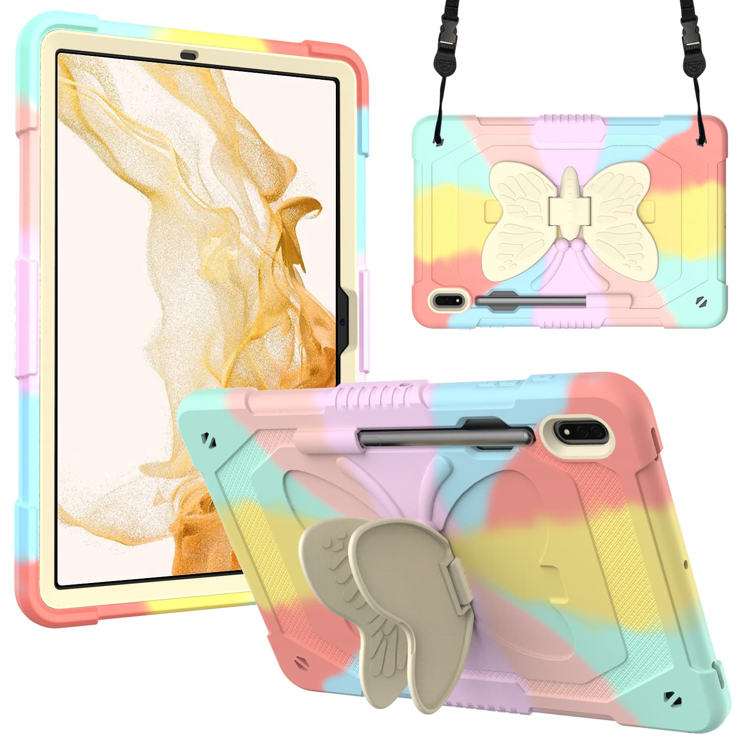 Case for Samsung Tab S9 X710 Butterfly Colorful Silicone Beige PC Stand Tablet Case S8 Plus Protective Cover