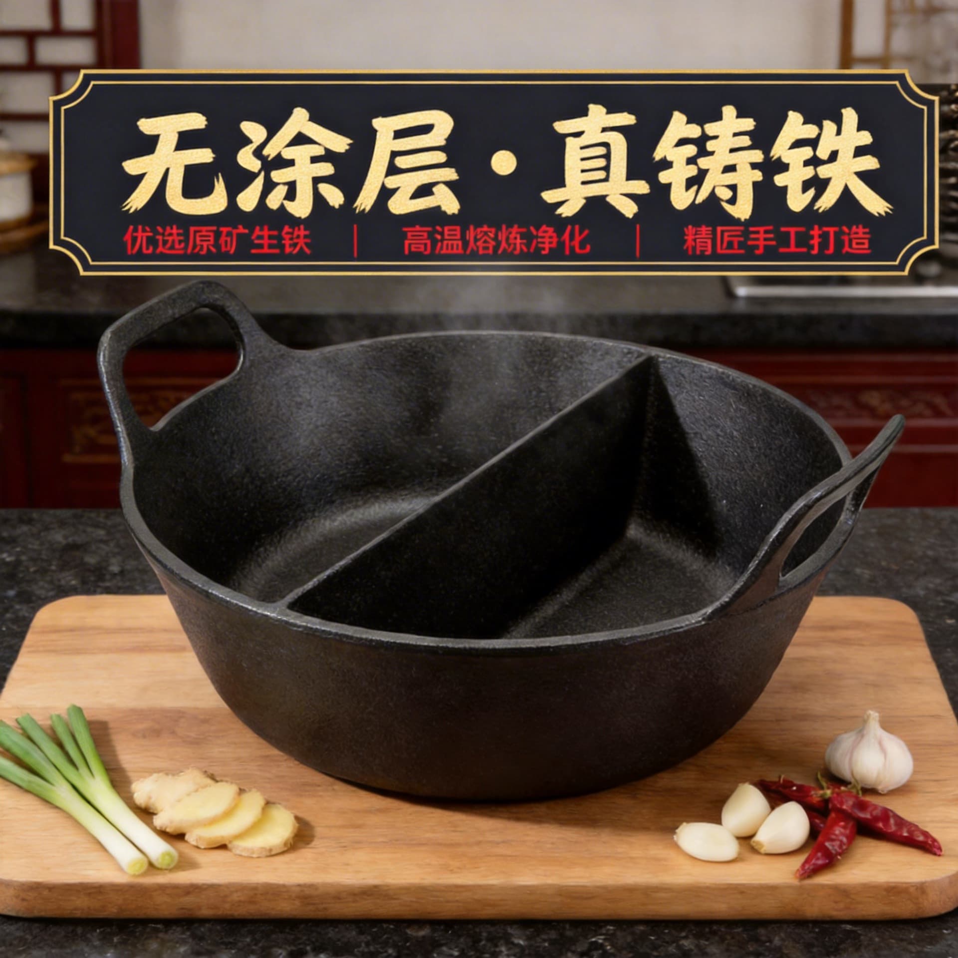 Yuanyang hot pot household cast iron shabu-shabu Yuanyang pot thickened flat bottom integrated induction cooker gas double ear cast iron pot