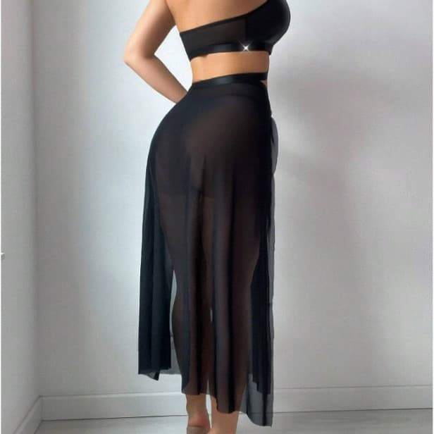 New Cross-Border Trade European and American Style Sexy Lingerie for Women, Patent Leather Mesh Two-Piece Long Dress Sexy Set