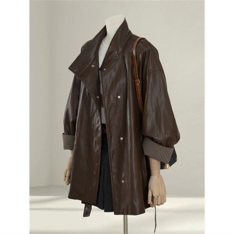 Women's stylish coffee-colored leather jacket, new spring/autumn 2025 style, loose fit and slimming.
