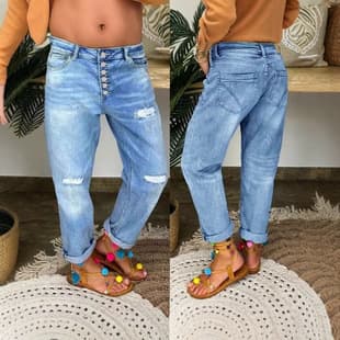 European and American Cross-Border Hot Selling In Stock Blue Distressed Jeans Women Loose Washed Straight Casual Long Pants In Stock Women
