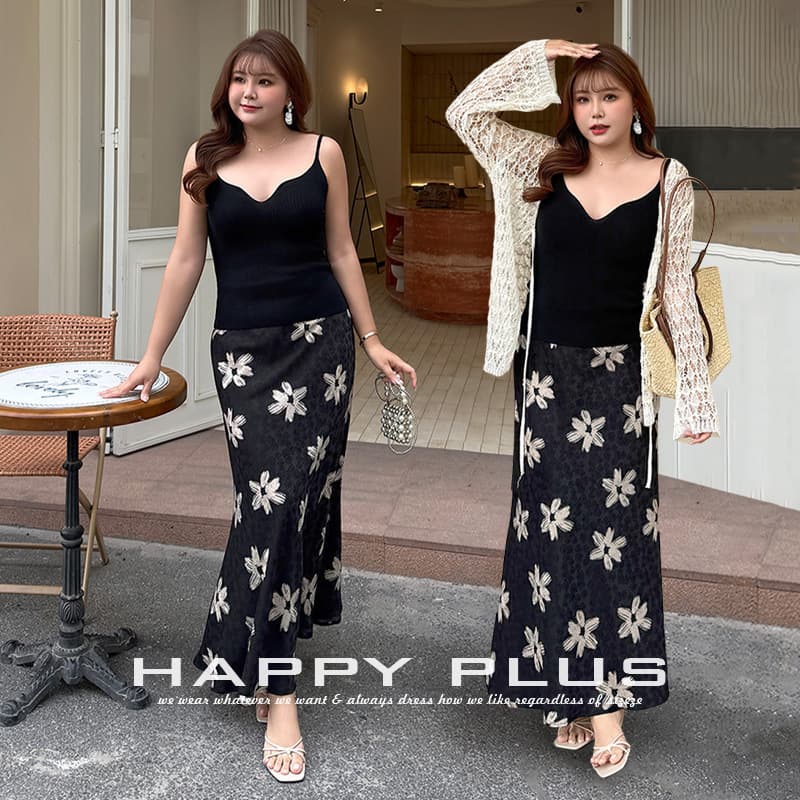 Runqida Plus Size French Vacation Set 9504 Starry Floral Shadow Bias-Cut Fishtail Satin Skirt Plus Size Women's Clothing