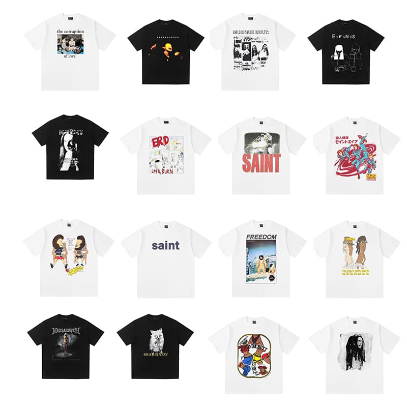 Saint Michael CHO American Retro Printed Portrait Short Sleeve Youth Loose T-Shirt Hip Hop Sketch Tee