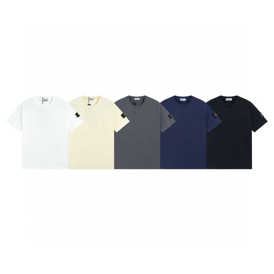 Cross-border STONE celebrity style solid color round neck short sleeve t-shirt with label on cuff