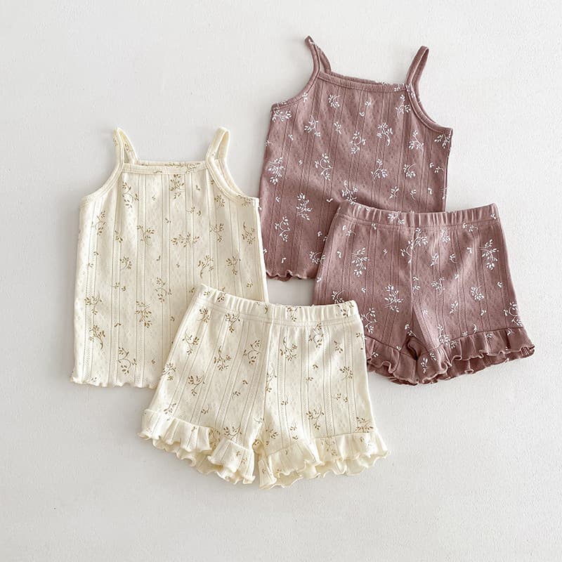 Summer Nordic Style Girls Sleepwear Thin Cotton Home Clothes Set Infant Clothes Strap Design Comfortable Soft Fabric Kids Home Suit