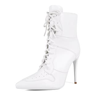 European Sexy Export Lace Up Pointed Toe Stiletto Heel Large Size 44 White Women's Fashion Ankle Boots