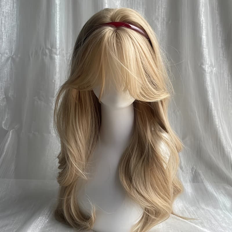 Shunxi Cross-Border Hot Selling Gold Curly Bangs Long Wavy Daily Voluminous Full Wig Factory Wholesale
