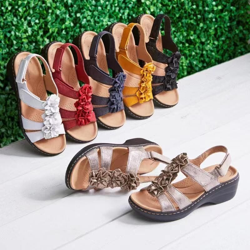 Large Size Women's Hook and Loop Sandals with Flower Decoration, Cross-Border Summer Wedge Heel Sandals, Solid Color Beach Sandals