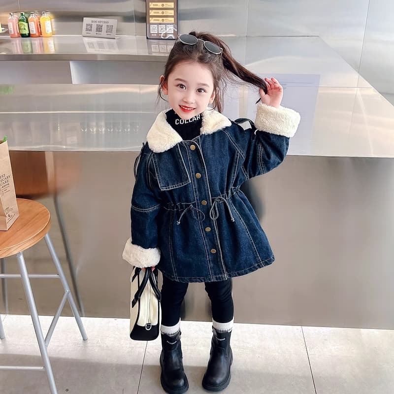 Girls denim jacket autumn and winter children's velvet thickened windbreaker winter clothing girls fashionable tops