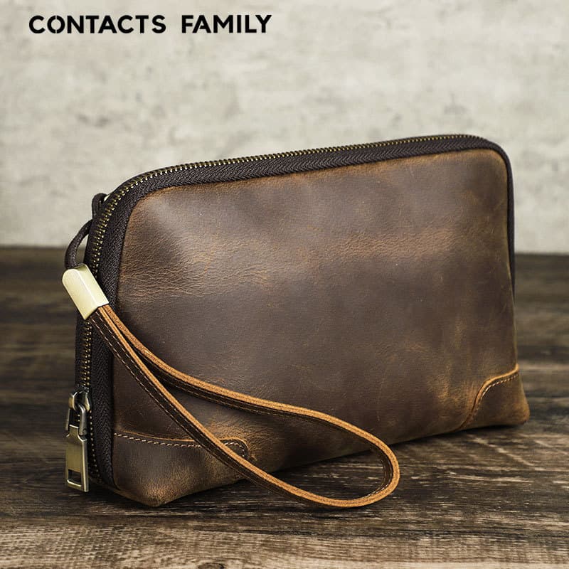 Handmade leather storage pouch for Apple data cable accessories, multi-functional vintage wristlet handbag