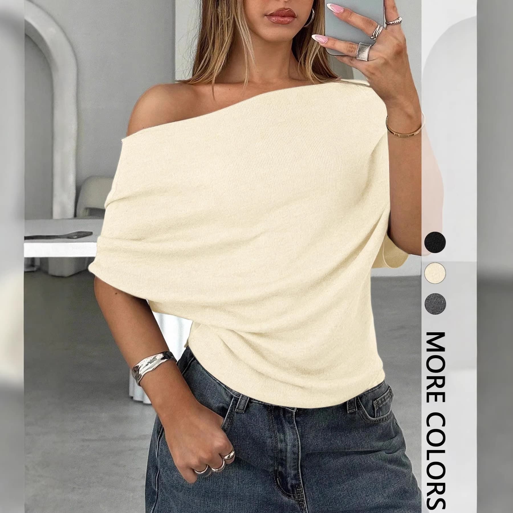 Amazon 2026 Summer New Women's T-Shirt Sexy One-Shoulder Fitted Top Batwing Sleeve In Stock