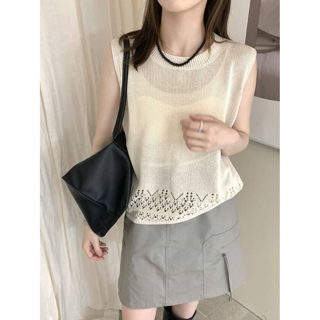 Korean Round Neck Hem Hollow Out Sleeveless Knit Top Summer Slim Loose Stylish Casual Pure Desire Blouse