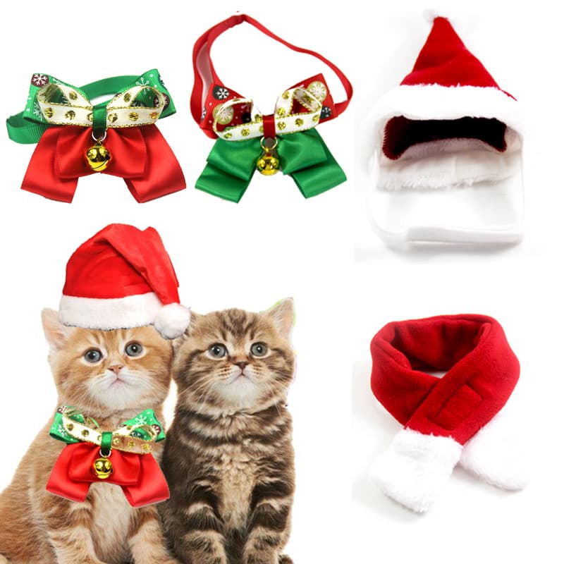 Pet accessories Christmas set dog Bell bow tie with cat collar Christmas hat scarf double-sided velvet cross-border