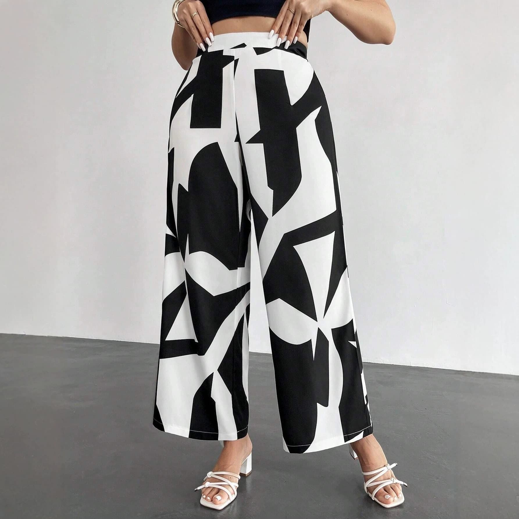 Europe and America Cross-Border Women's Clothing Amazon Long Casual Wide-Leg Pants Best-Seller Printed High-Waist Wide-Leg Trousers Straight-Leg Pants