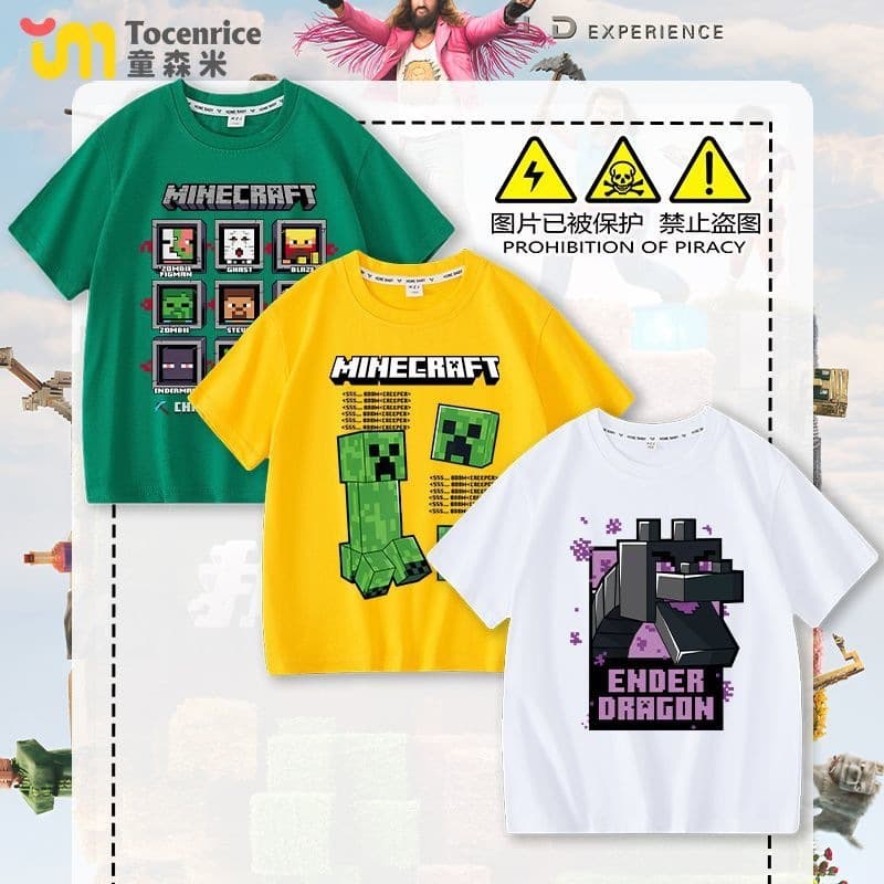 Minecraft Boys' Pure Cotton T-Shirt Summer Short-Sleeve Clothing Children's Half-Sleeve Summer Outfit Pure Cotton Student Top