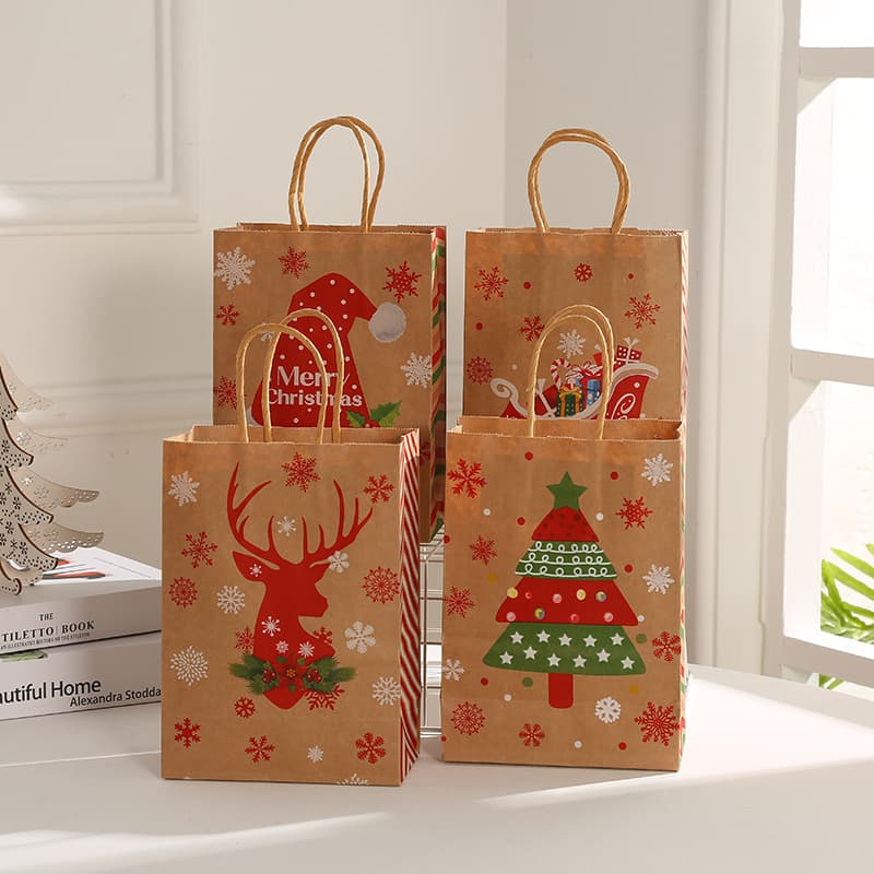 Christmas Handled Bags, Kraft Paper Gift Bags, Wholesale Clothing Shopping Packaging, Snowflake Reindeer Gift Bags
