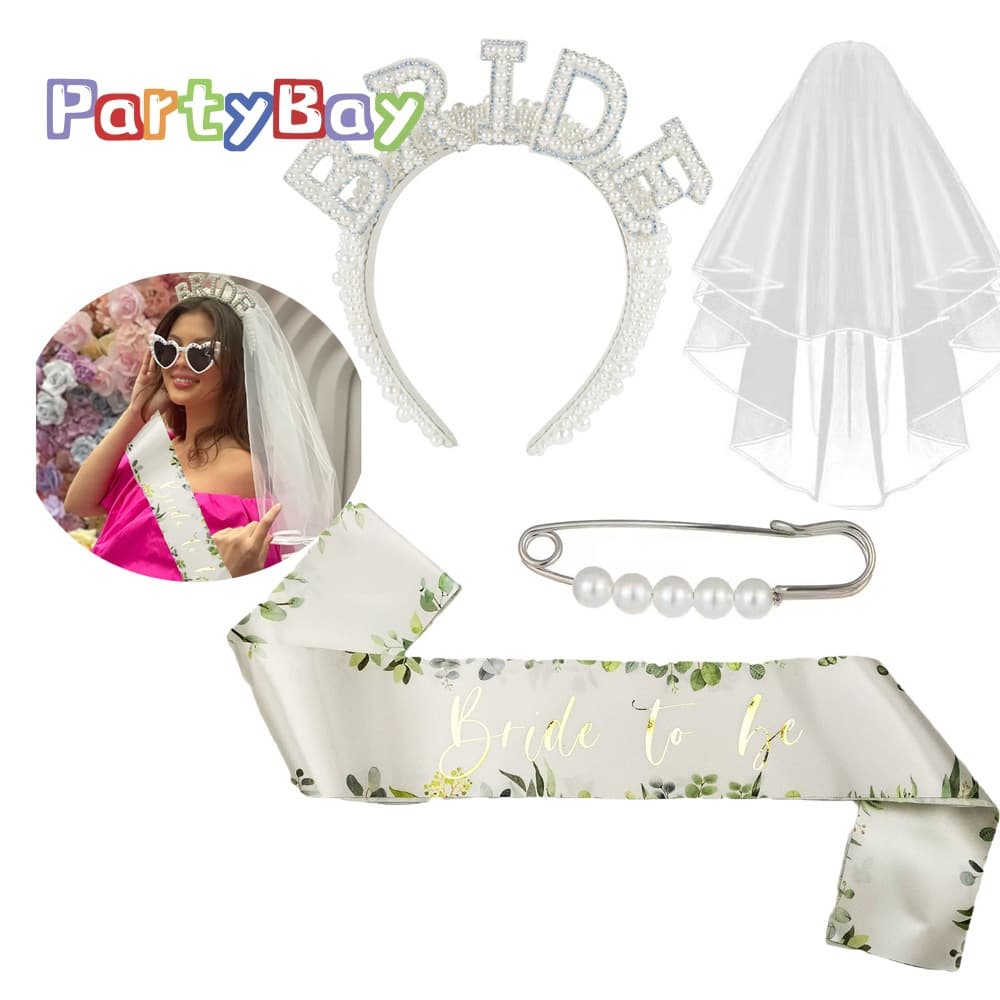 PARTYBAY New BRIDE Bachelor Party 4-Piece Wedding Set Pearl Headband Hair Accessories Wedding Letters