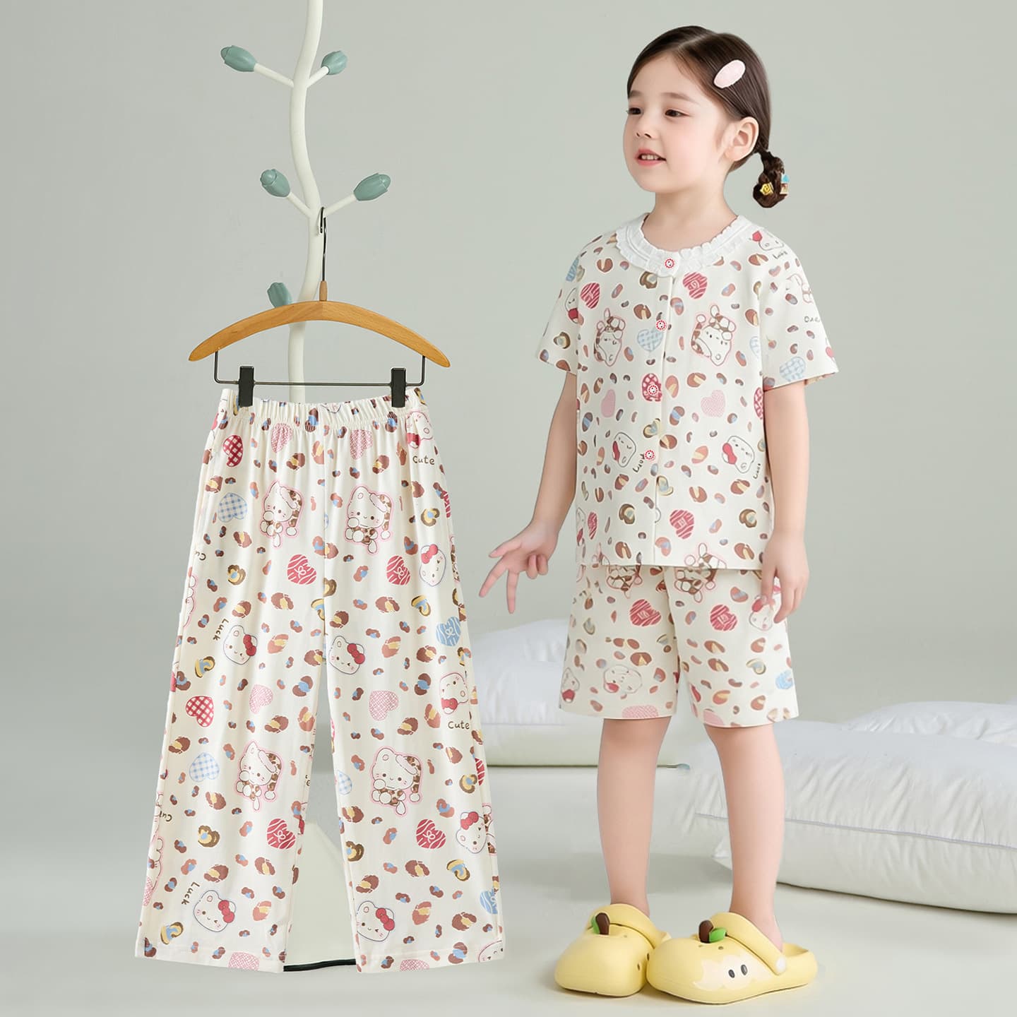 3-Piece Kids Pajamas for Girls Spring Summer A-Class Pure Cotton Short Sleeve Homewear Set