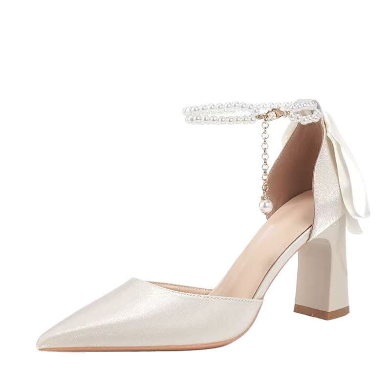 2026 Spring/Summer New Fairy Style Gentle Pointed Toe One-Strap Pearl Bow High Heel Sandals