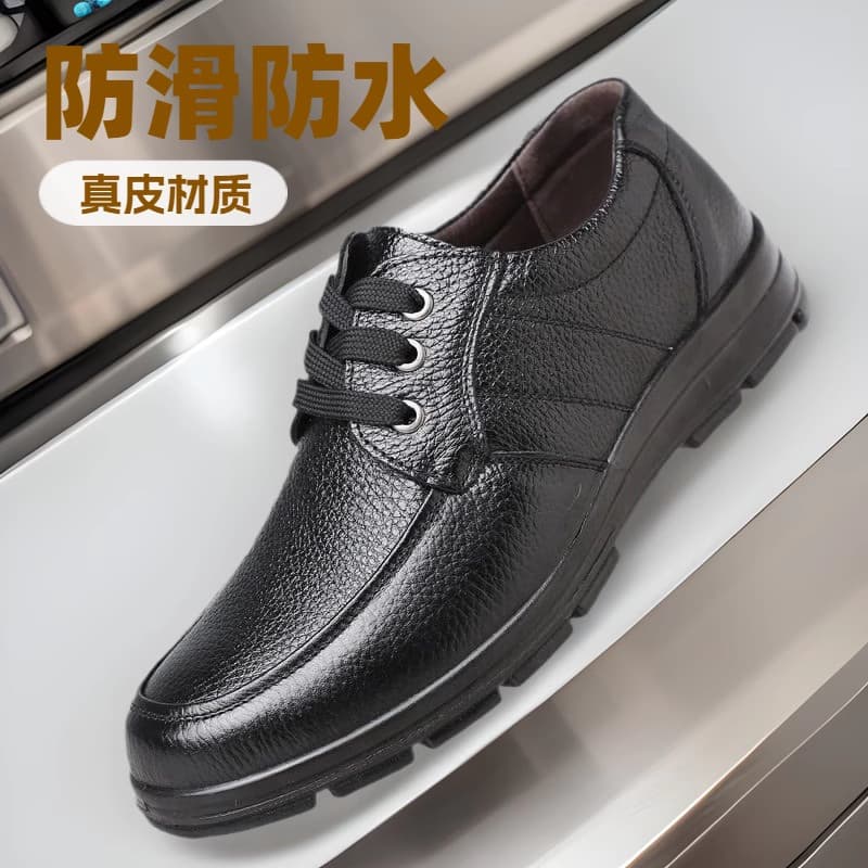 Mingfu genuine leather chef's non-slip, wear-resistant, waterproof loafers, work shoes, top layer cowhide dad shoes, men's wear-resistant and non-slip