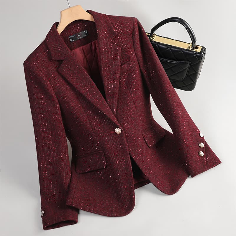 Premium Wool Blazer for Women in Ankora Red, Thickened Petite Wool Suit Jacket with Cotton Padding for Workwear