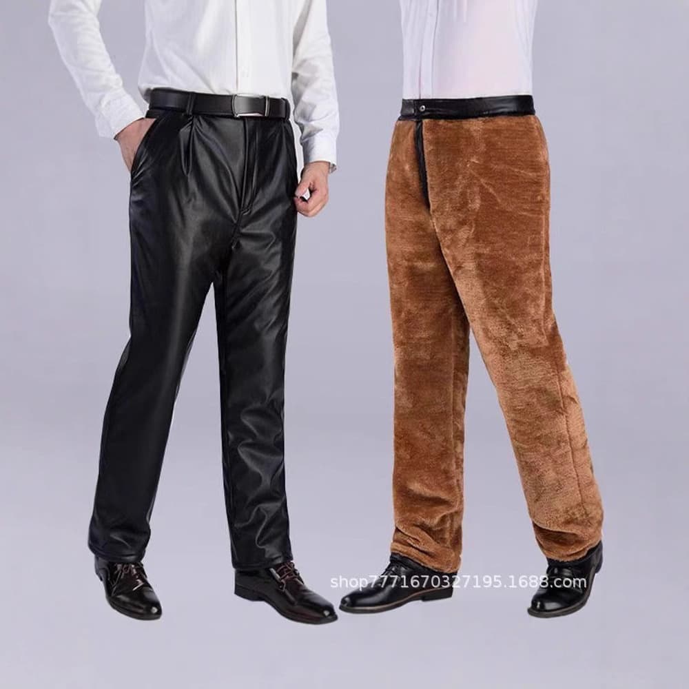 Men's Winter Fleece-Lined Thickened Waterproof Motorcycle Riding Loose Leather Pants, Windproof Warm Pants for Middle-Aged and Elderly, Oil and Water Resistant